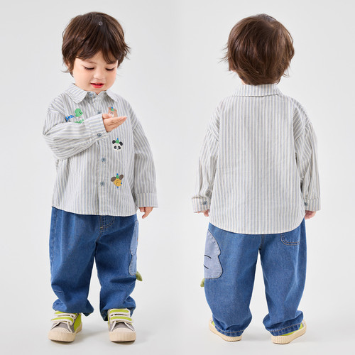 [100% Cotton] Dudu's Boys Striped Shirt 2025 Spring New Children's Shirt Spring Outfit Baby Kids' Clothing
