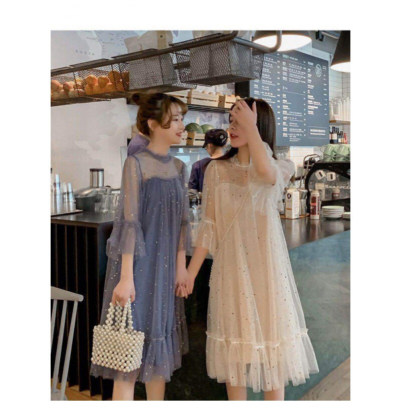 2024 Summer Star Sequins Fairy Dress Mesh Flare Sleeve High Waist Lace-up Loose Fairy Puff Dress