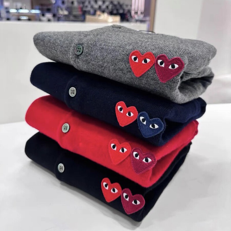 100% Wool Double Heart Style Love Cardigan Play Comme Des Garçons Couple's Knit Sweater Autumn and Winter Casual Versatile Inner Wear