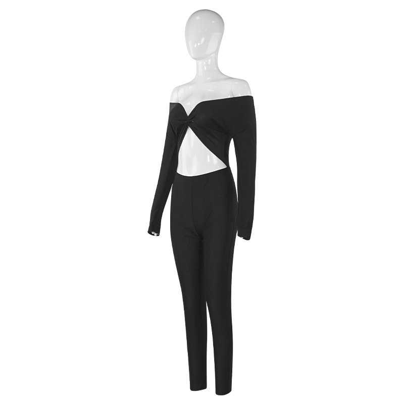 Autumn Solid Color V Neck Twist Hollow Out Cutout Cropped Sexy High Waist Long Sleeve Jumpsuit