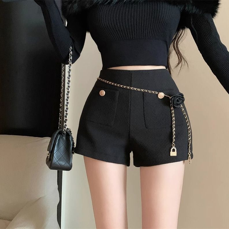 Tweed Style Tweed Shorts for Outer Wear Spring & Fall New Boot Pants Versatile High-Waisted Loose Straight Pants Wide-Leg Pants Ins