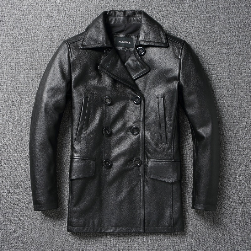 纯头层软牛皮真皮皮衣男中长款皮风衣西装领商务休闲大码男装外套