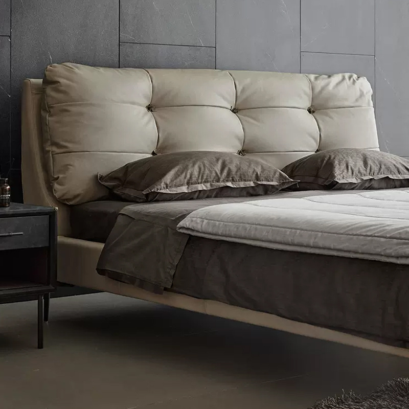 Cama de cuero de primera calidad estilo italiano minimalista, cama doble de cuero suave tipo nube para dormitorio principal con almacenamiento.