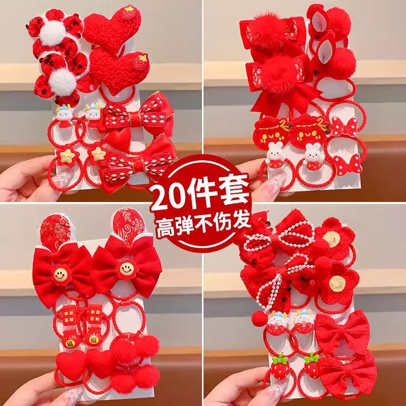 Banda de goma para niños arco de flores rojas para niñas festivo Año Nuevo cuerda de pelo niña no duele el pelo lazo anillo de pelo