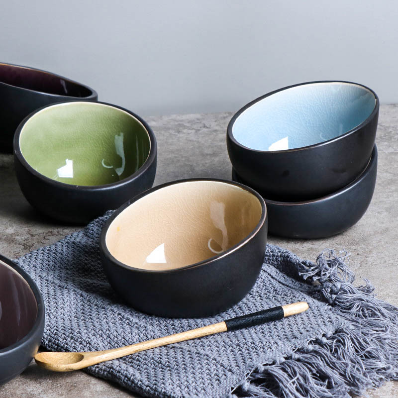 创意冰裂釉陶瓷碗家用碗米饭碗甜品碗吃饭碗斜口碗冰裂纹异形碗