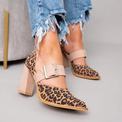 Women's Fashion Peep Toe Mid Heel Sandals Spring Leopard Print Buckle Strap Plus Size 40-43_voghion.com