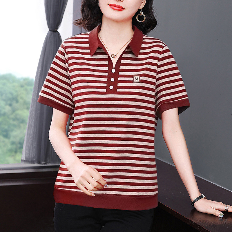 Middle-Aged Mom's New Summer Short-Sleeve T-Shirt, Middle-Aged Women's Turn-Down Collar Striped Casual Top, Loose Polo Shirt