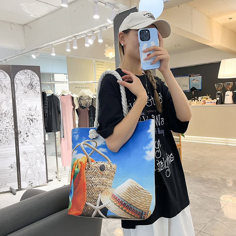 新海边沙滩包大托特单肩女包亚麻粗帆布时尚休闲手拎包短途旅行包