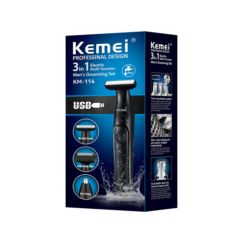 Afeitadora eléctrica Kemei KM-114, afeitadora para todo el cuerpo, recortadora de vello de nariz, afeitadora impermeable tres en uno para el cuidado masculino