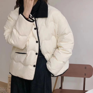 Corduroy Lapel Contrasting Color Thin down Cotton Outwear for Women 2025 Autumn and Winter Small Fragrance Style Short Cotton Outwear and Jacket Trendy