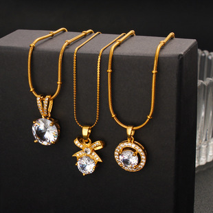 French Retro Copper Base Bow Round White Zircon Pendant Necklace 18K Stainless Steel Chain Jewelry Wholesale