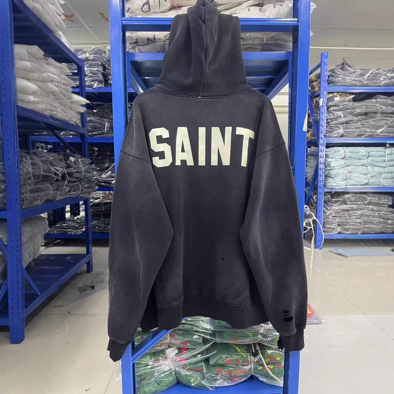 SAINT 25ss字母印花重磅水洗做旧宽松休闲连帽卫衣男女潮|undefined