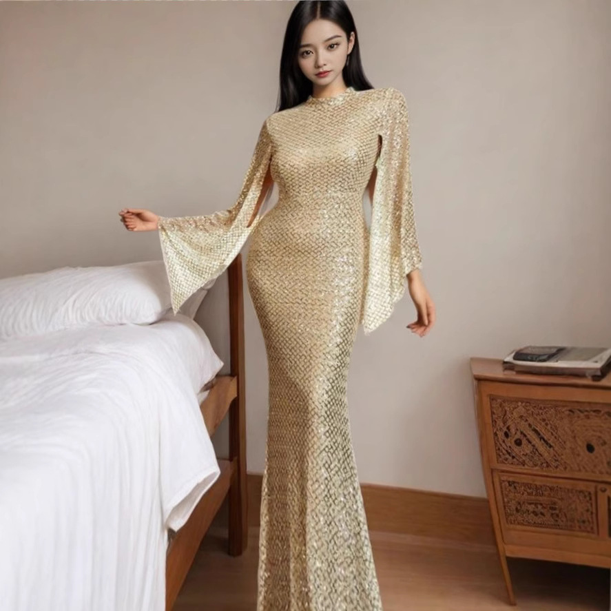 Nuevo vestido de noche de fiesta anual de lentejuelas doradas de un solo hombro con temperamento de otoño europeo y americano transfronterizo vestido de noche de banquete