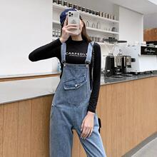 胖妹妹大码牛仔背带裤女春秋学生韩版宽松显瘦直筒减龄裤子女潮