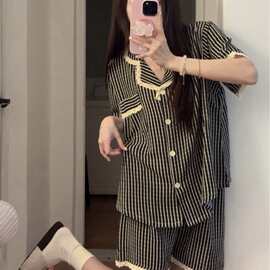 夏季短袖皱皱棉花边睡衣家居服套装