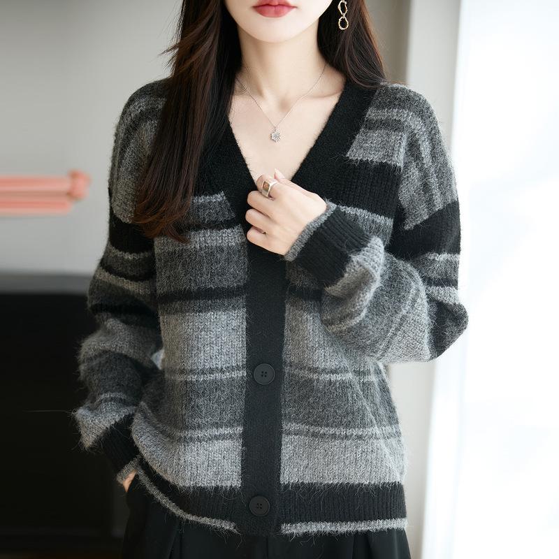 复古条纹针织开衫外套羊驼绒秋冬新款韩版宽松慵懒风毛衣女上衣厚|undefined