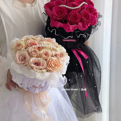 蕾絲公主裙小香風圓形花束包花布花的嫁衣包花紗高質感鮮花店包裝