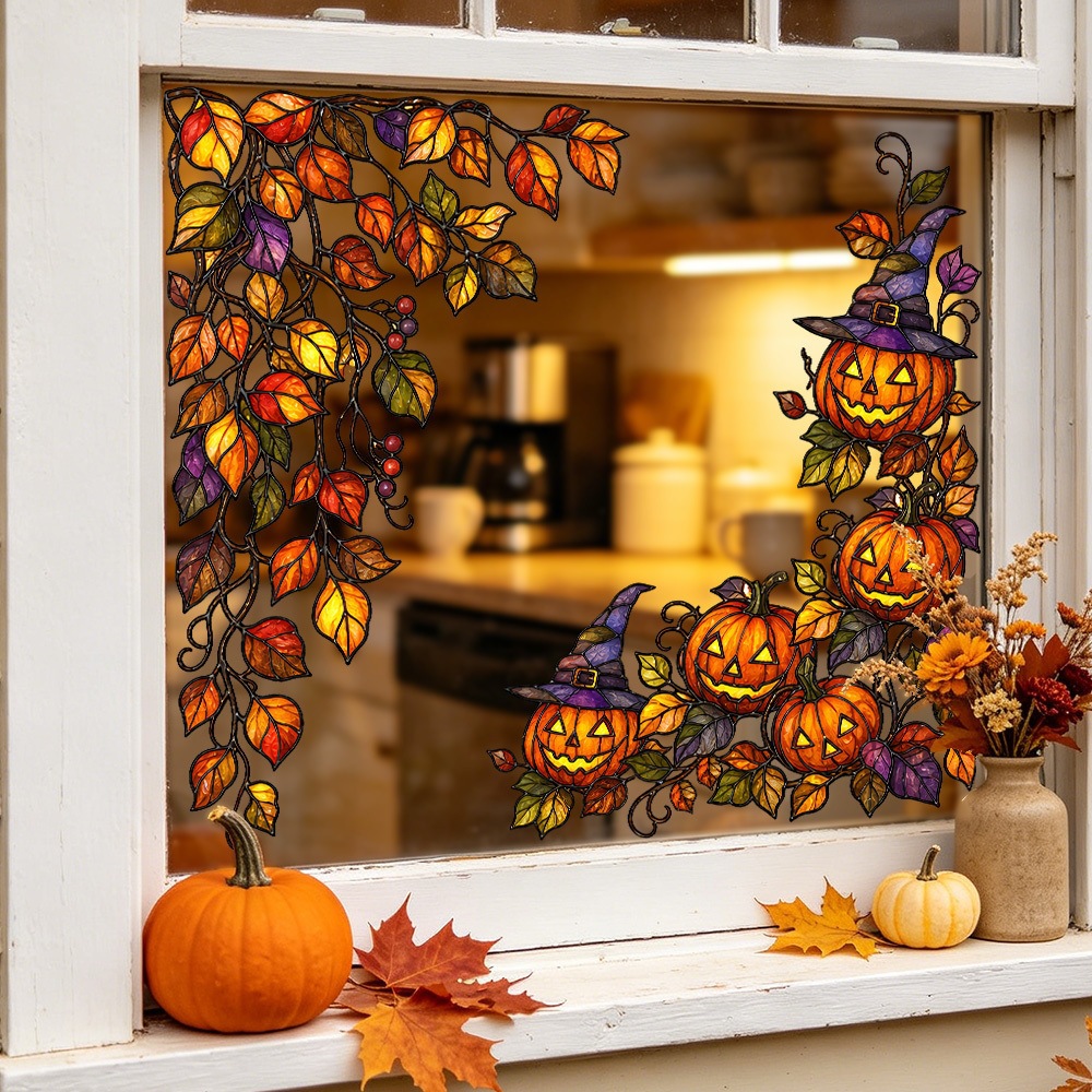 Painted pumpkin glass Halloween window decals, hanging maple leaf electrostatic stickers for kitchen glass doors and windows
