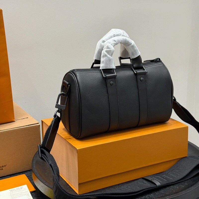 Keepall25 Black Warrior Boston Pillow Bag Men's Messenger Bag Crossbody Bag Genuine Leather Cowhide Easiest for Match Black