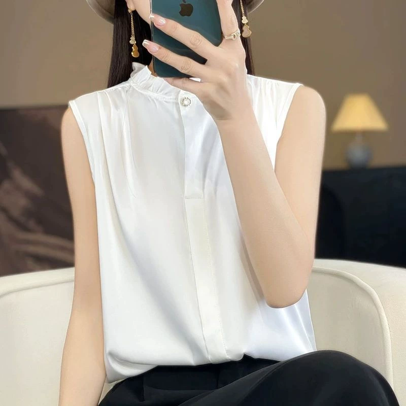 Высокое качество шелковый дикий деревянный ушной жилет рубашка женский топ летний новый модный темперамент