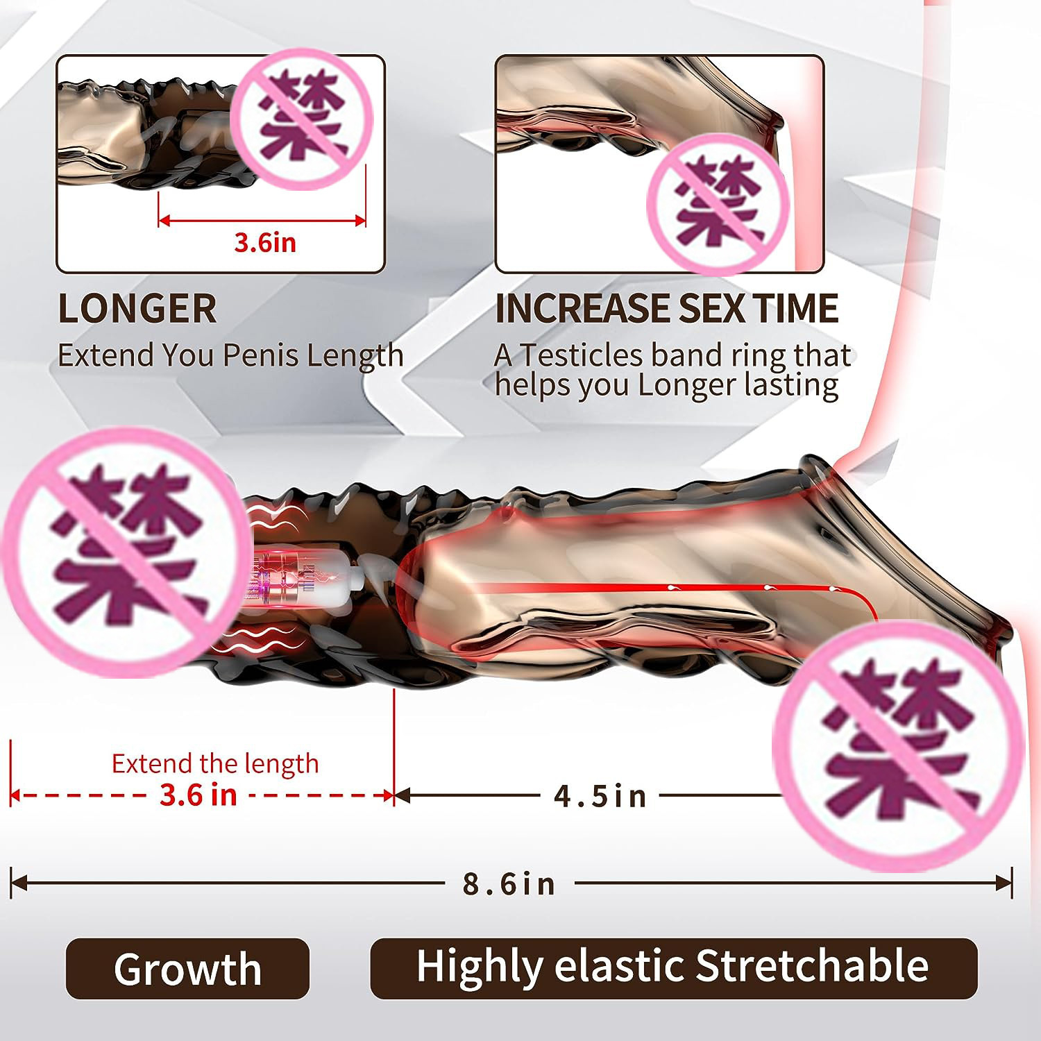 Vibrating Wolf-Tooth Delay Sleeve, Textured Lock-On Penis Extender for Couples — detail image 3