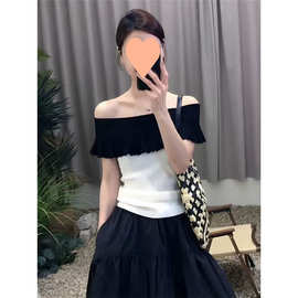 法式高级荷叶边一字肩上衣女2025夏季新款冰丝针织小衫设计感小众
