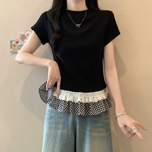 夏裝修身顯瘦夏裝小眾蓬蓬花邊拼接T恤韓版設計感上衣女