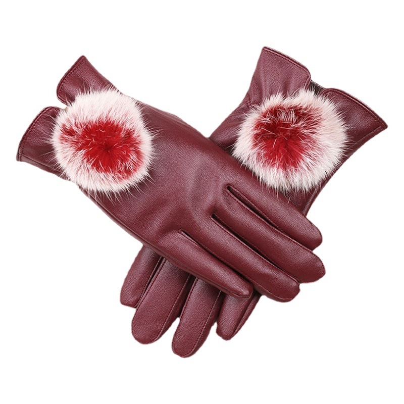 Guantes cálidos de invierno para mujer nueva Bola de piel de conejo PU cuero conducción cálido forro polar forrado al aire libre pantalla táctil guantes de cuero