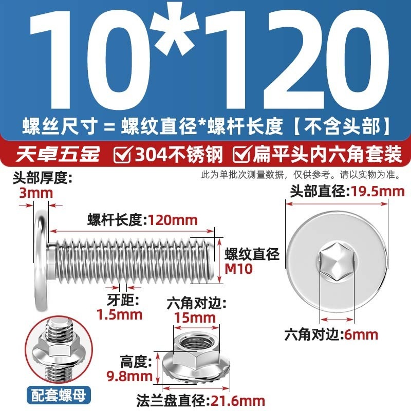 304不锈钢CM大平头超薄头C头扁平头内六角螺丝钉法兰边螺母套装M5|undefined