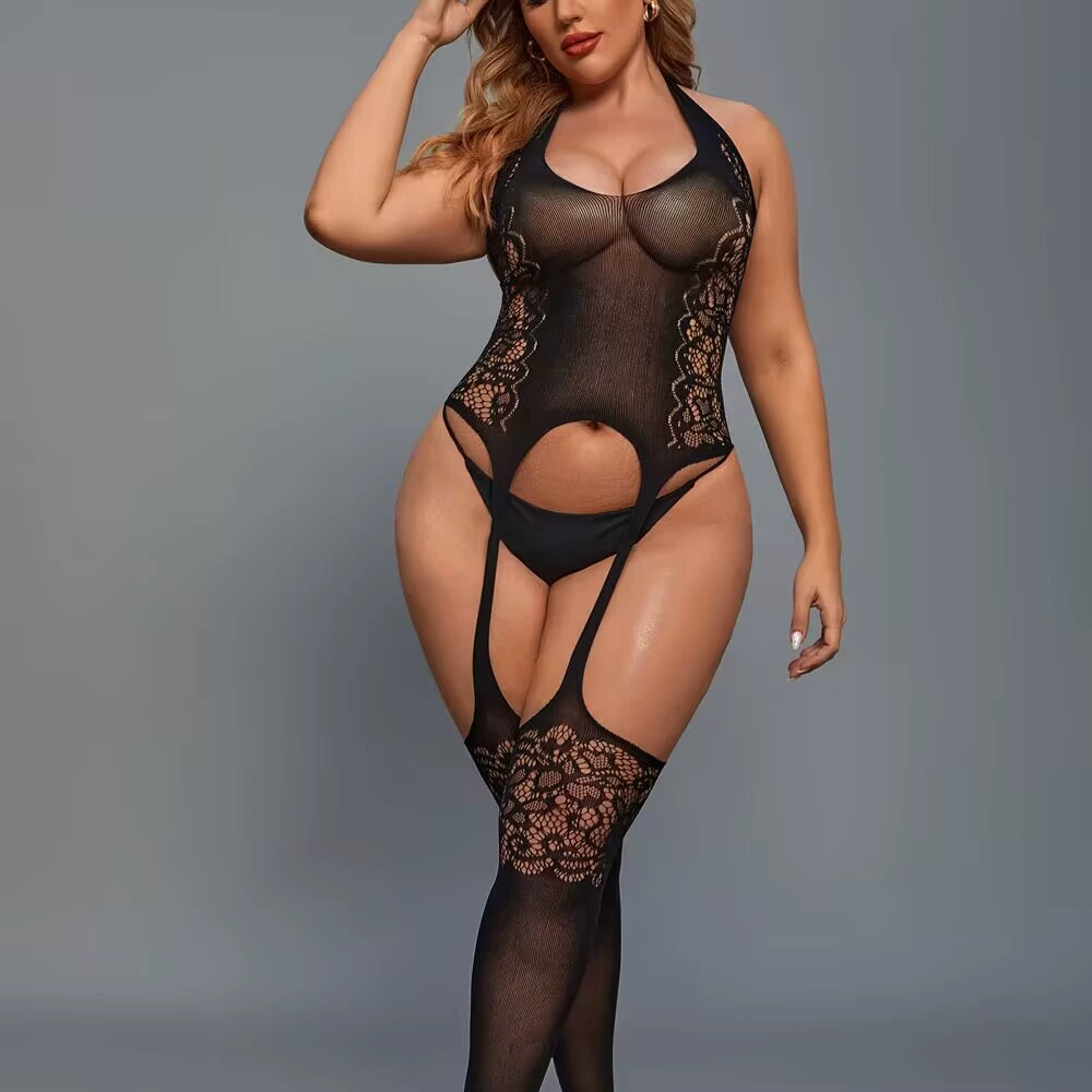 Боди для lingerie плюс‑размера с кружевами,halter garter teddy, черное, детали из кружева, один размер