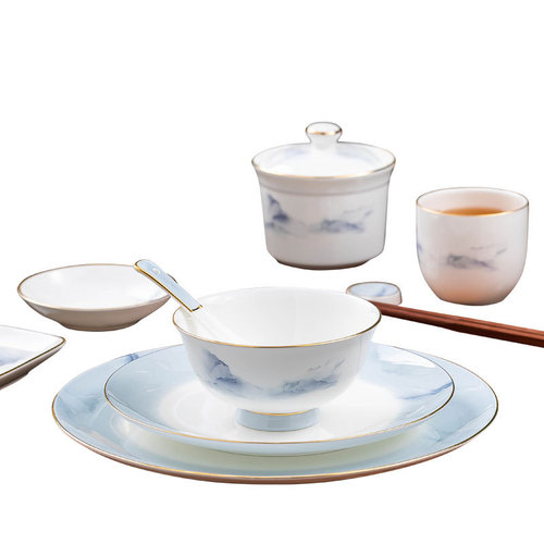 Simple and elegant dining tableware set, Jingdezhen Chinese-style bowl and plate set, bone china for home use, hotel use, private meeting use.
