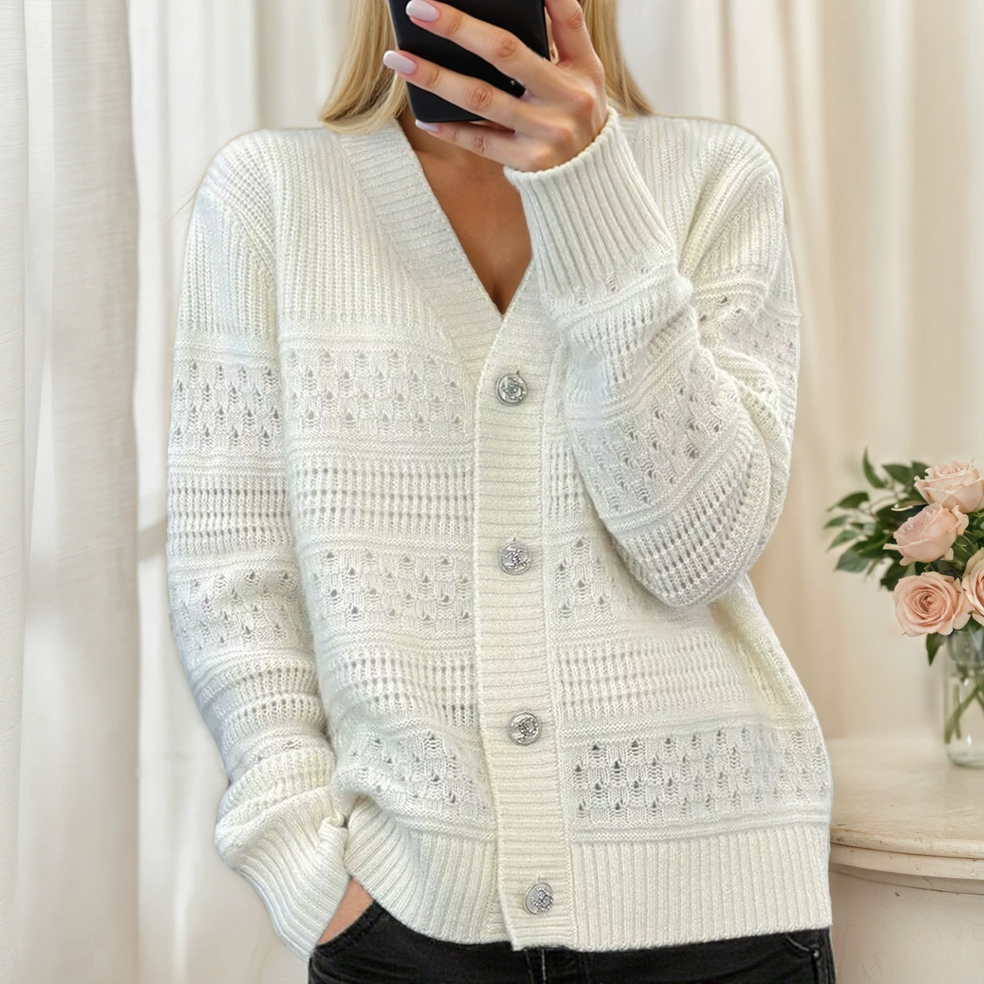 Cardigan women’s demi‑season V‑neck long‑sleeve knitted jacket, lightweight imported, S–XL