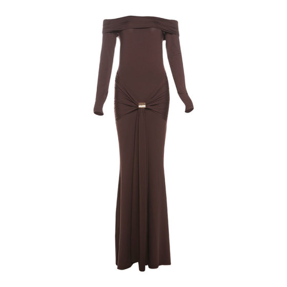 2024 autumn and winter new European and American style women's fashion temperament off-shoulder solid color long sleeve slim hip dress women