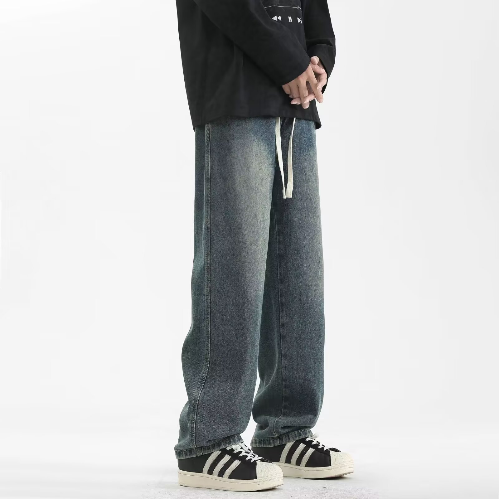 秋冬男士时尚百搭松紧腰牛仔裤男潮流复古美式纯色宽松牛仔长裤