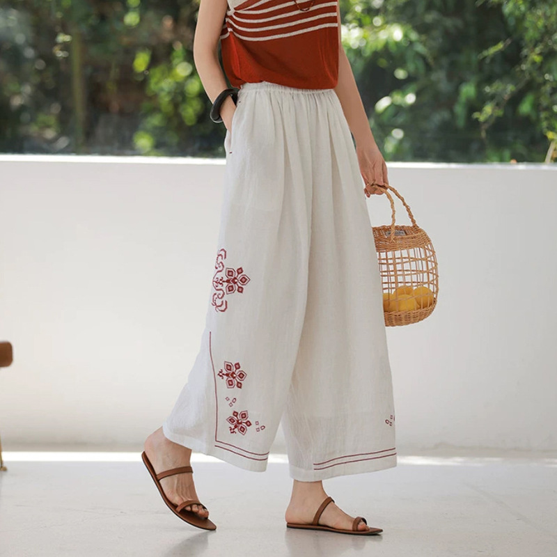 Linen Texture, Crinkled Feel, Lightweight, Color-Blocked, Cross-Stitched, Cropped Wide-Leg Pants Linen Texture, Crinkled Feel, Lightweight, Color-Blocked, Cross-Stitched, Cropped Wide-Leg Pants
