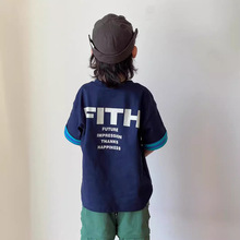 FITH24夏季童装字母印花儿童短袖条纹袖口拼接假两件男女童潮童T