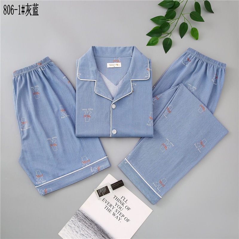 Pijamas de algodón para hombres de verano tres piezas de manga corta pantalones cortos de primavera y verano delgados ropa de casa