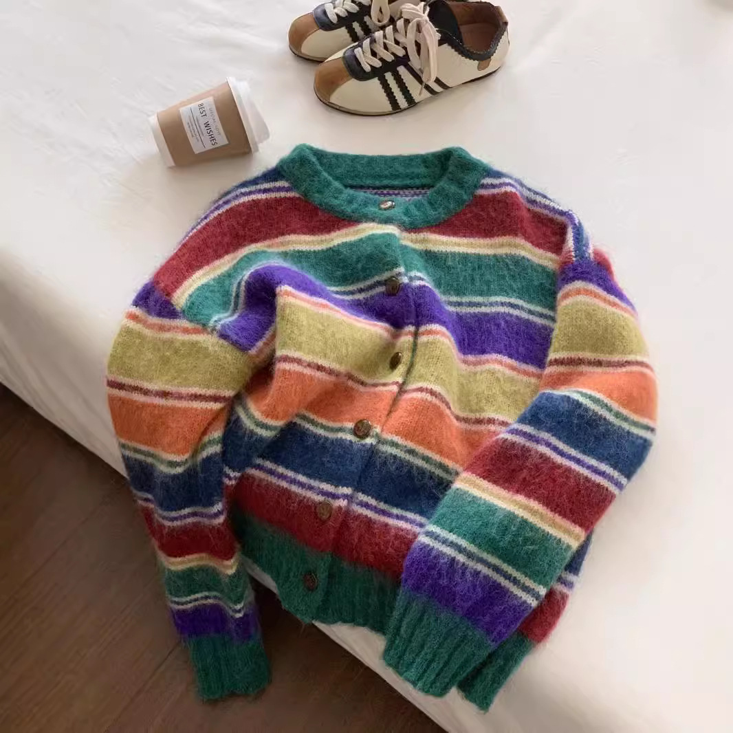 Autumn retro rainbow knitted cardigan