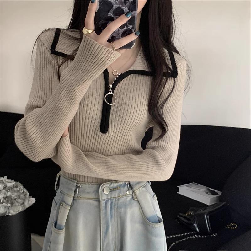 Zipper Right Shoulder Polo Collar Long-Sleeved Knitwear for Women Autum 2025 New High-Bottom Knitwear Slim Top Zipper Right Shoulder Polo Collar Long-Sleeved Knitwear for Women Autum 2025 New High-Bottom Knitwear Slim Top