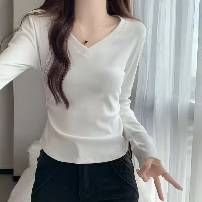 美式辣妹V领正肩长袖t恤女秋冬高级感内搭打底衫修身显瘦百搭上衣|undefined