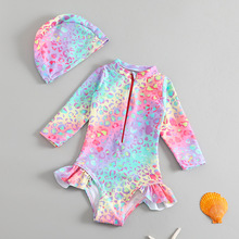 新款沙滩长袖防晒女宝宝冲浪服连体彩色荷叶边小童泳衣女孩中小童