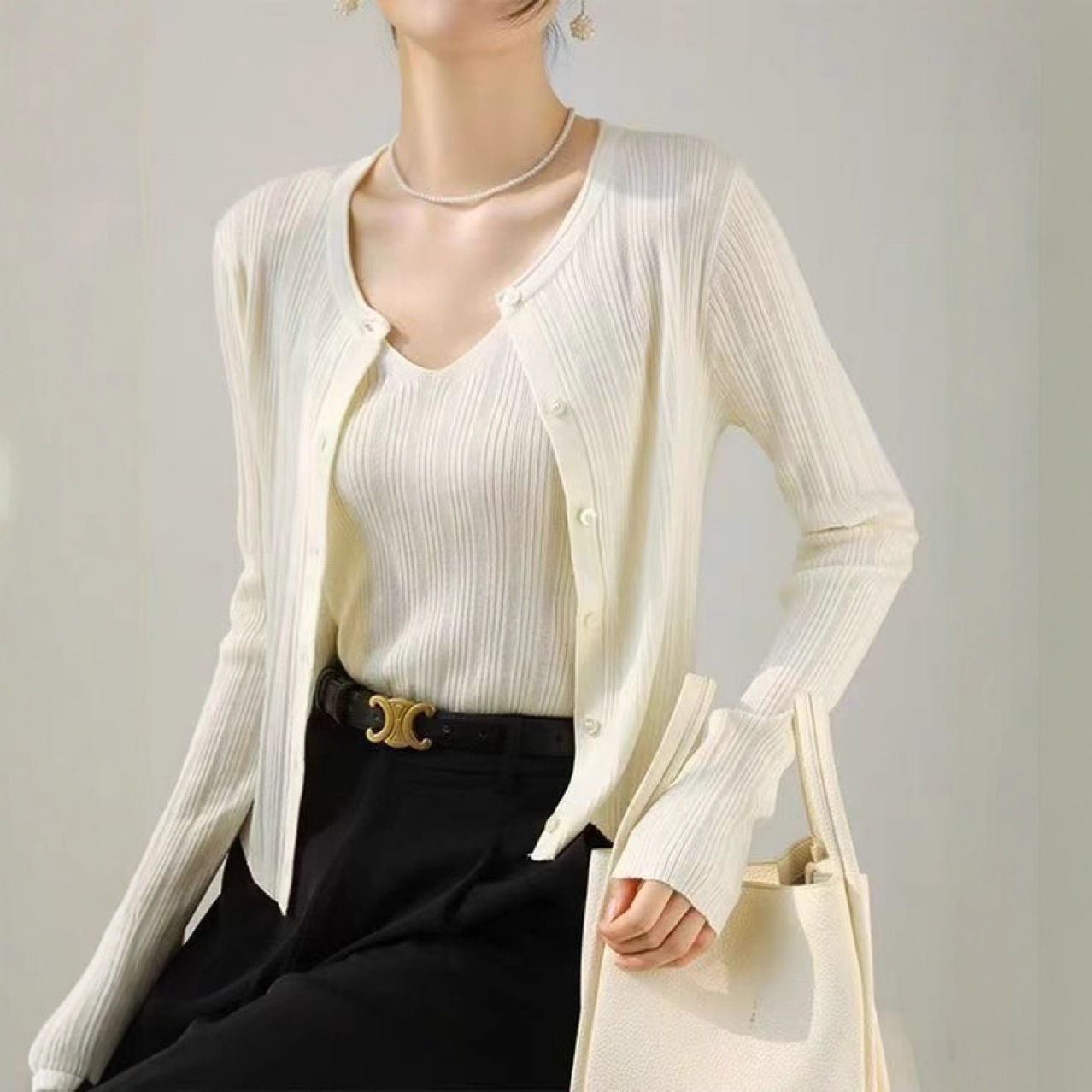 Round Neck Knitted Cardigan for Women 2025 Autumn and Winter New Slim Fit Small Outwear Long-Sleeved Sweater Vest Two-Piece Trendy Set