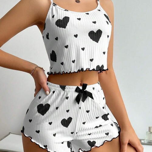 Hot-selling European and American Women's Loungewear: Heart-Printed Camisole Shorts with Ribbed Design—Perfect for Casual Wear or Out-and-About Ladies' Pajamas