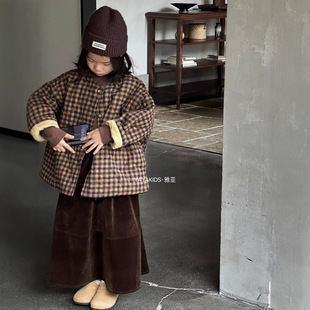 Children's Cotton Coat 2024 Winter New Boys and Girls Korean Style Sliding Shoulder Loose Plaid Quilted Cotton Warm Short Cotton Coat Jacket