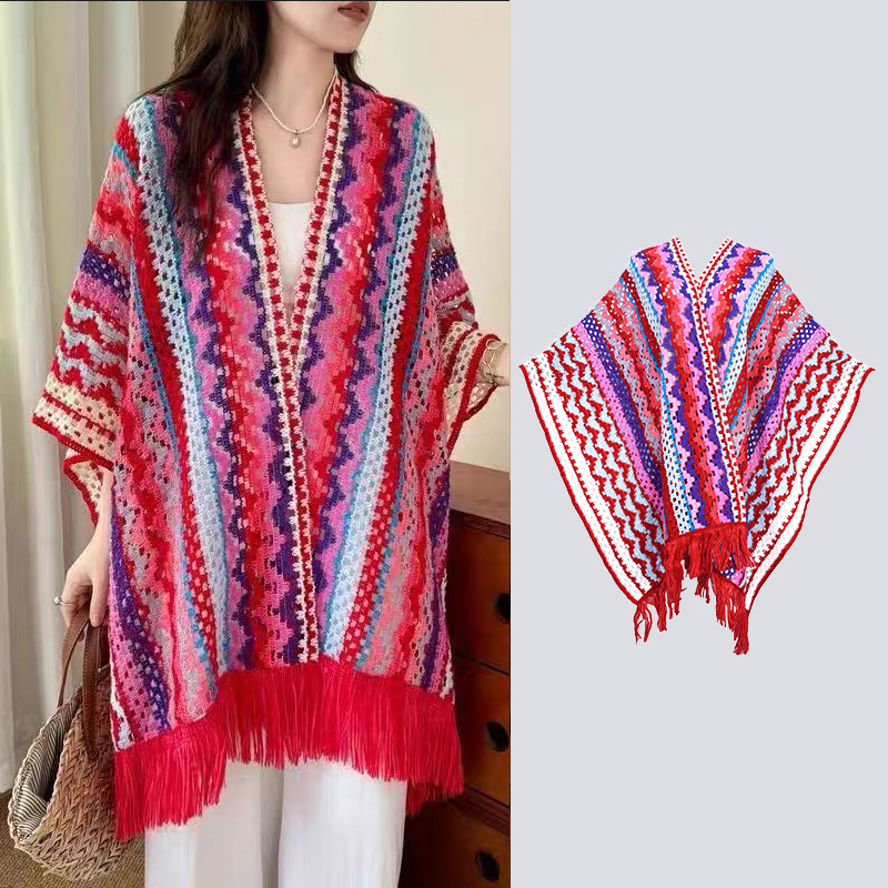 Viaje en el oeste de Sichuan vestido con una capa de chal de peluche de Yunnan Xinjiang de otoño y invierno estilo nacional de punto capa de rayas