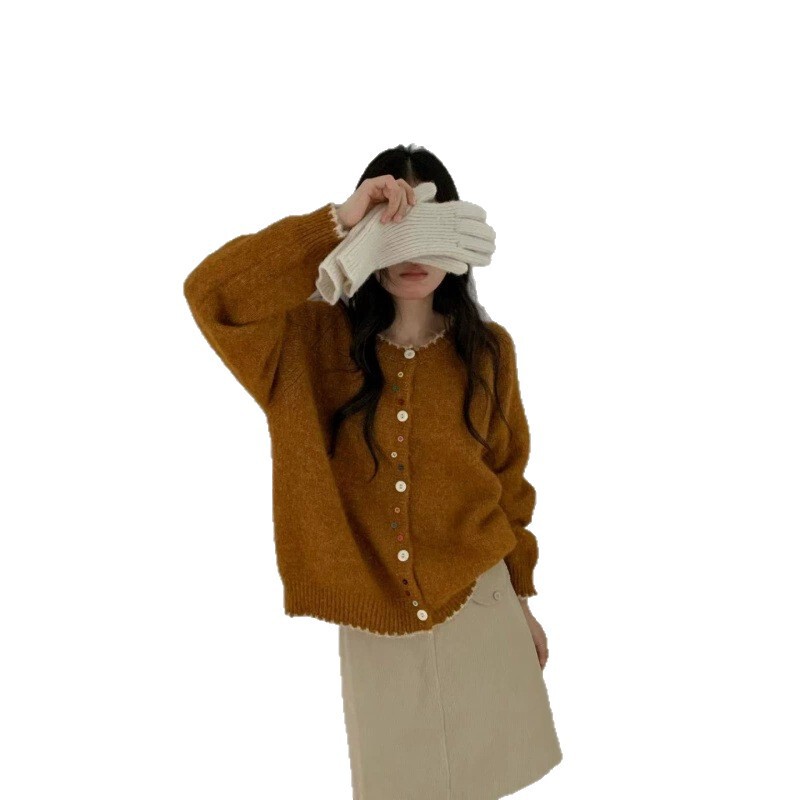 2025秋季新款圆领彩扣针织开衫女装韩版软糯时尚百搭甜美毛衣外套|undefined