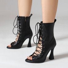 2024年夏季时尚新款欧美高品质高跟鞋女鞋系带鱼嘴凉靴粗跟外贸女