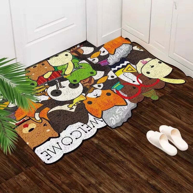 WO 漫画動物シルクサークル玄関ドアフロアマットカーペット PVC 耐摩耗性ドアホームフットマットカット可能|undefined