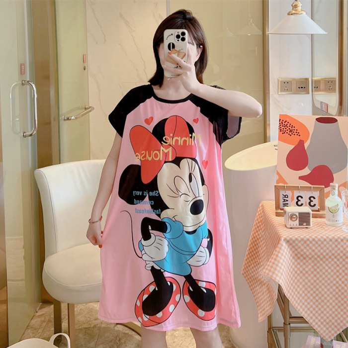 Camisón de las mujeres del verano Delgado manga corta nueva línea rojo estilo pijamas dibujos animados lindo señoras vestido flojo desgaste hogar