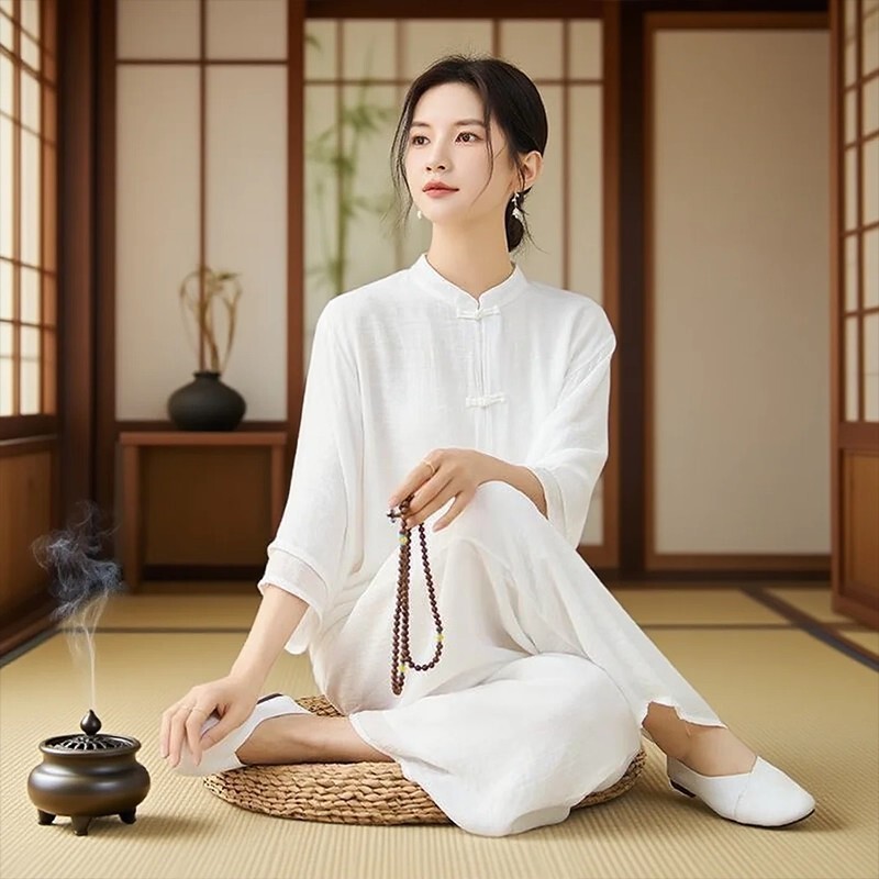 White Zen Clothing, Fairy-Like Summer Chinese Cotton and Linen Suit, Healer Clothing, Meditation and Meditation Layman's Clothing, Women's Clothing